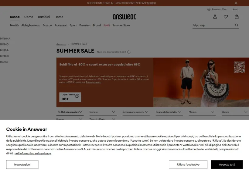 Schermata della pagina offerta di Answear