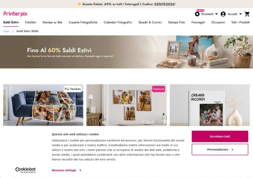 Schermata della pagina offerta di Printerpix