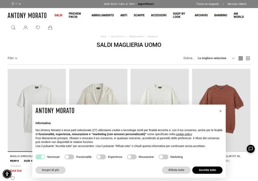 Schermata della pagina offerta di Antony Morato