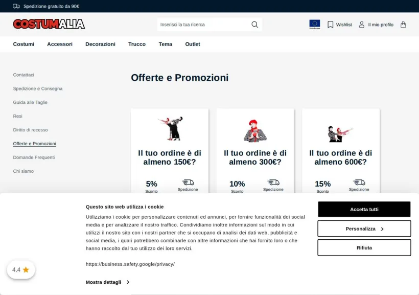 Schermata della pagina offerta di Costumalia.it