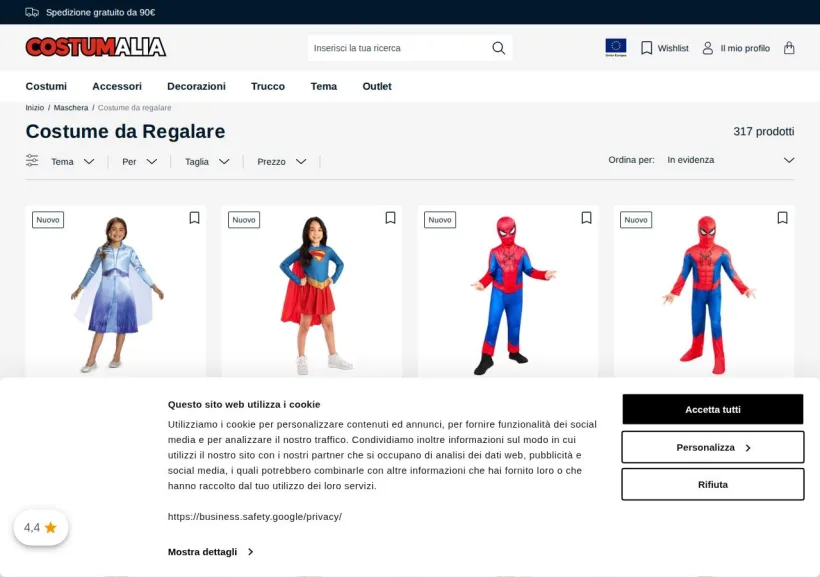 Schermata della pagina offerta di Costumalia.it