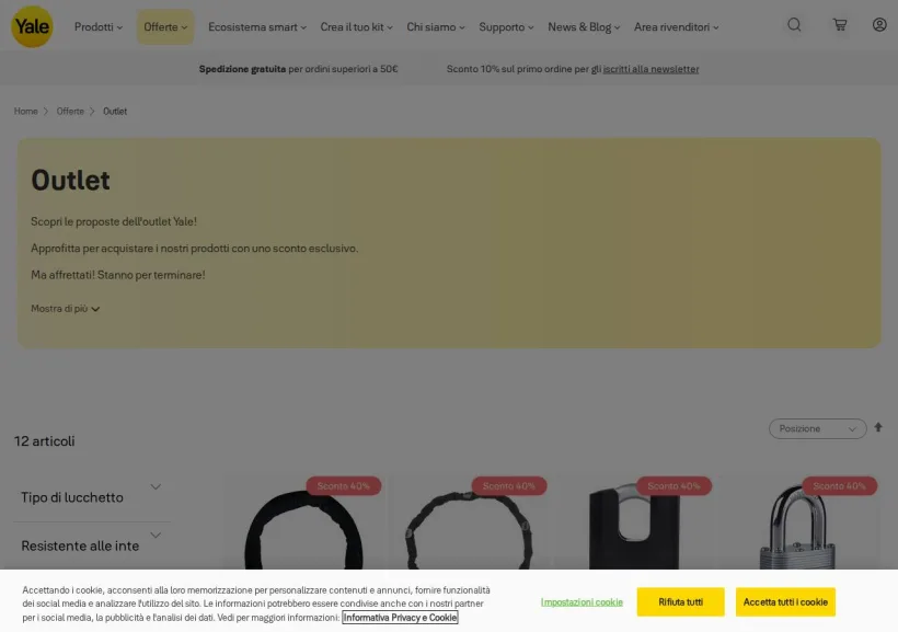Schermata della pagina offerta di YaleHome