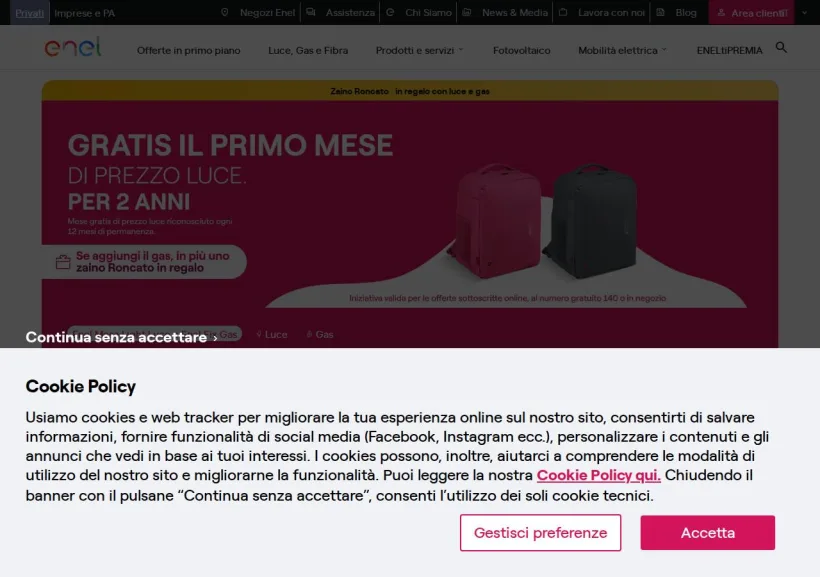 Schermata della pagina offerta di Enel