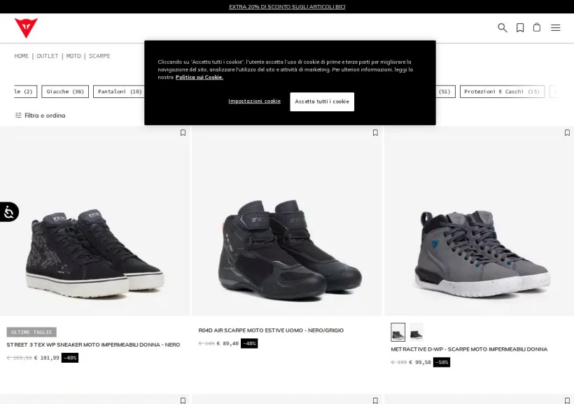 Schermata della pagina offerta di Dainese