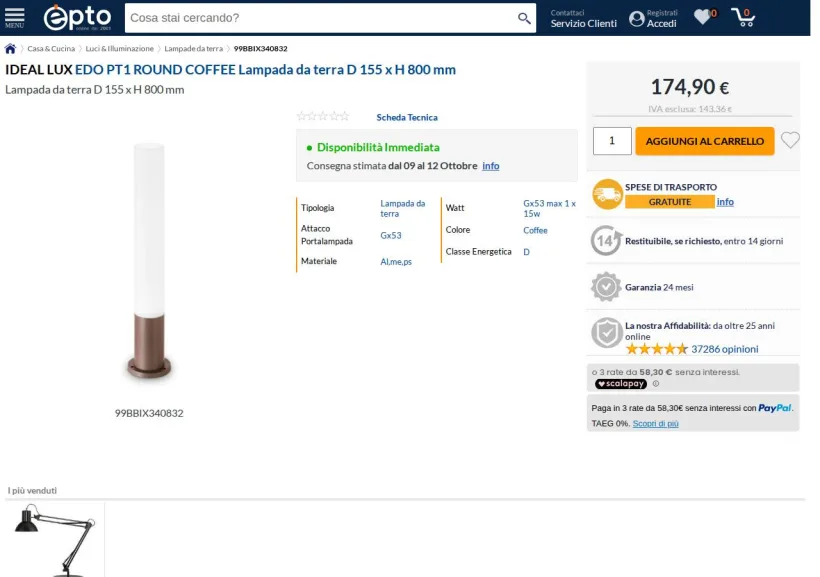 Schermata della pagina offerta di Epto