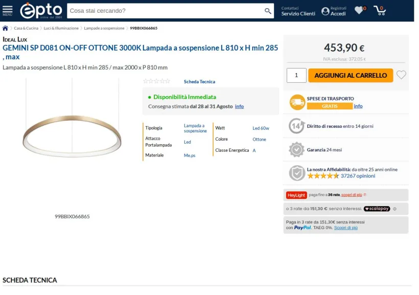 Schermata della pagina offerta di Epto
