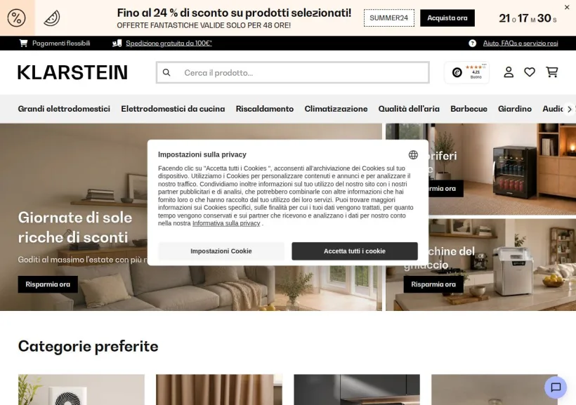 Schermata della pagina offerta di Klarstein