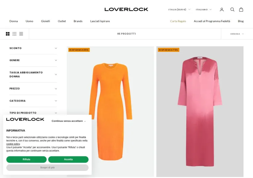Schermata della pagina offerta di Loverlock boutique on line