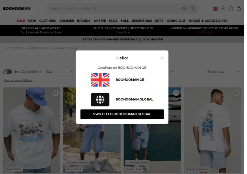Schermata della pagina offerta di BoohooMan