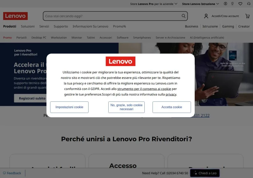 Schermata della pagina offerta di Lenovo