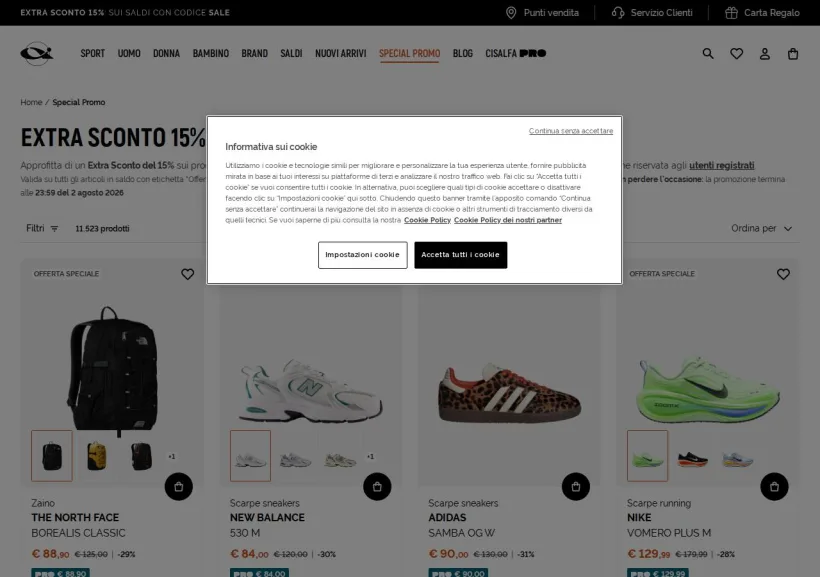 Schermata della pagina offerta di Cisalfa