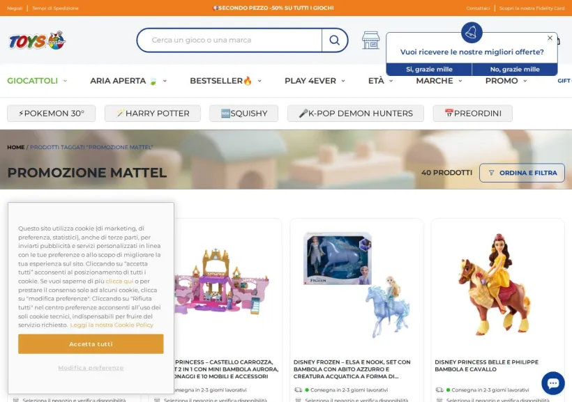 Schermata della pagina offerta di Toys Center