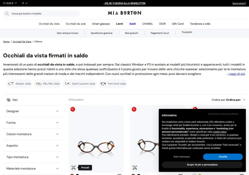 Schermata della pagina offerta di Mia Burton