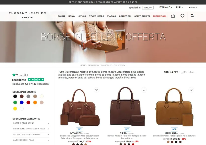 Schermata della pagina offerta di Tuscany Leather
