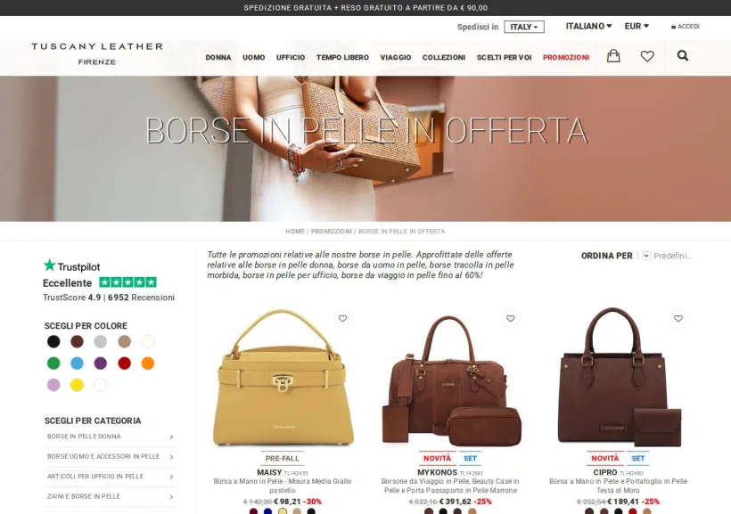 Schermata della pagina offerta di Tuscany Leather