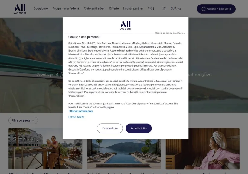 Schermata della pagina offerta di ALL Accor Live Limitless