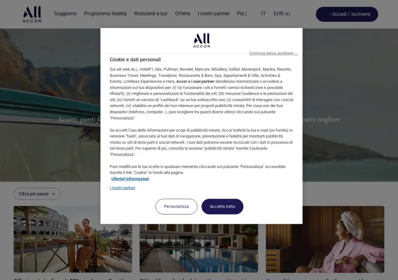 Schermata della pagina offerta di ALL Accor Live Limitless