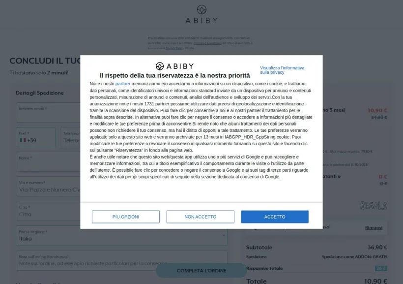 Schermata della pagina offerta di Abiby   