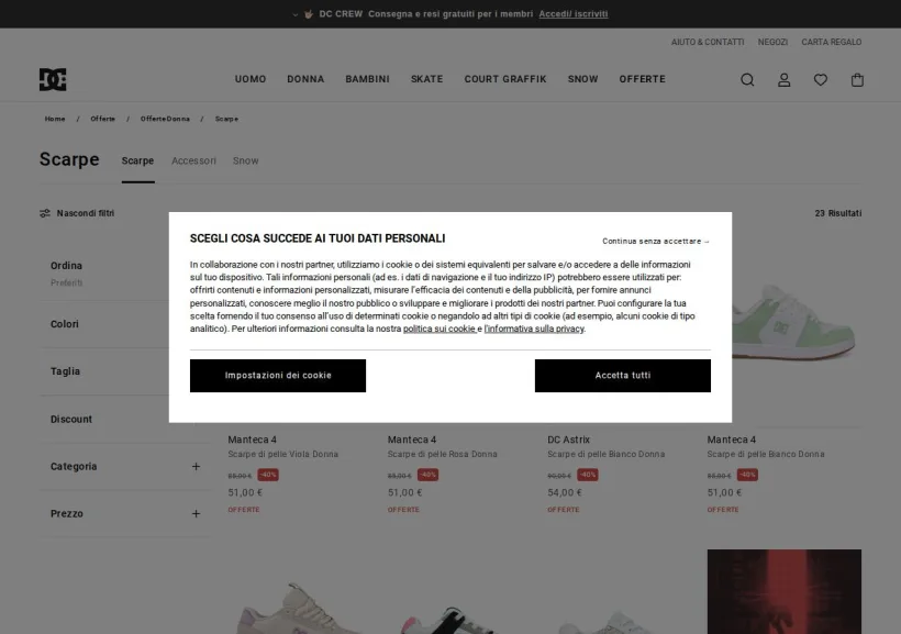 Schermata della pagina offerta di DC Shoes