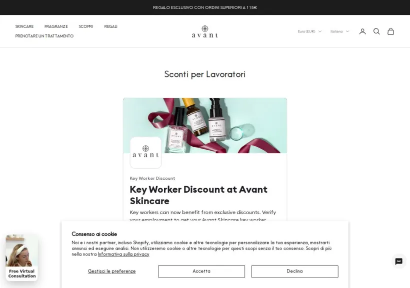 Schermata della pagina offerta di Avant Skincare