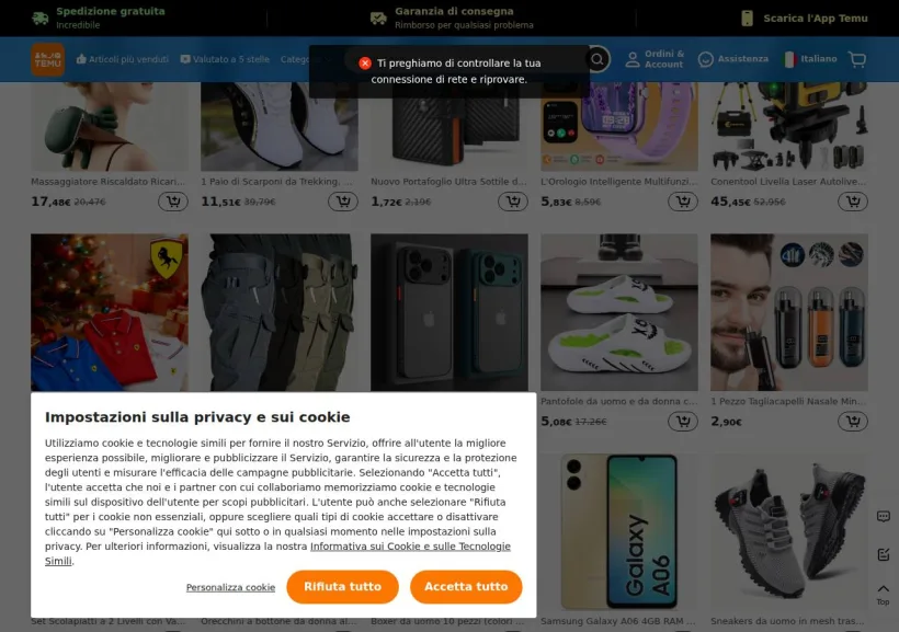 Schermata della pagina offerta di Temu