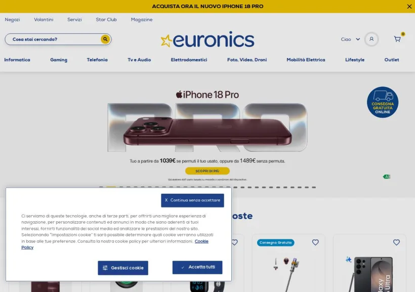 Schermata della pagina offerta di Euronics