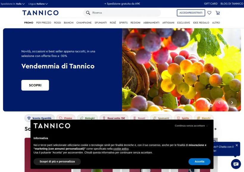 Schermata della pagina offerta di Tannico
