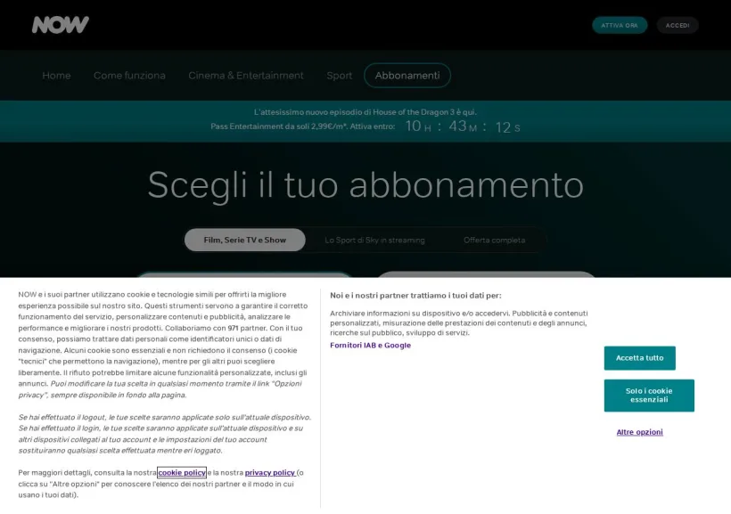 Schermata della pagina offerta di Now TV