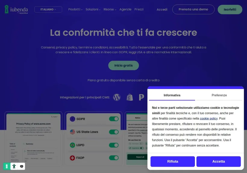 Schermata della pagina offerta di iubenda global