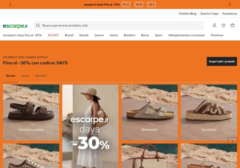 Schermata della pagina offerta di Escarpe.it