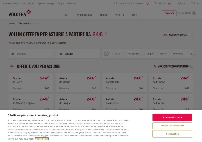 Schermata della pagina offerta di Volotea