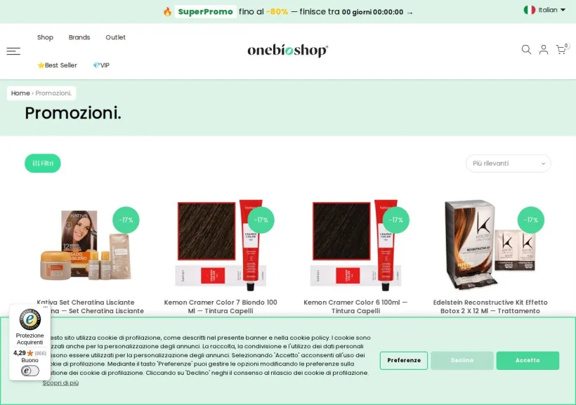 Schermata della pagina offerta di OneBioShopITA