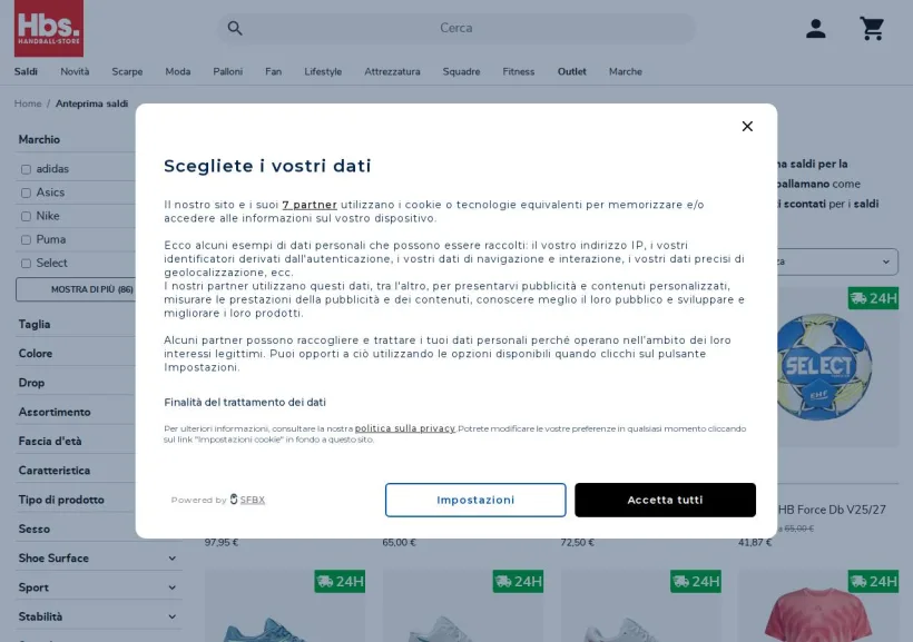 Schermata della pagina offerta di Handball-Store