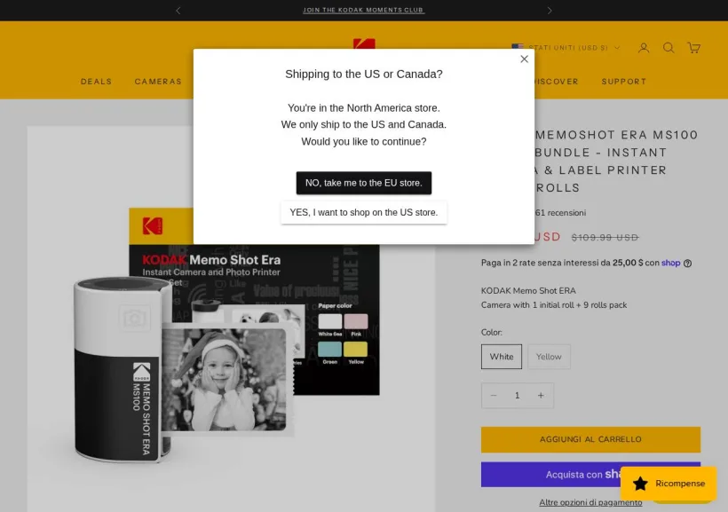 Schermata della pagina offerta di Kodak