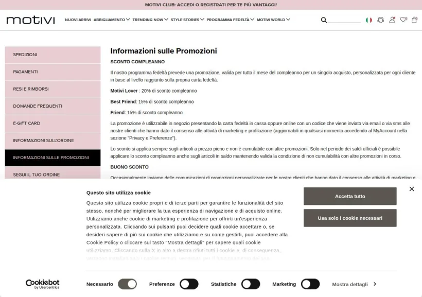 Schermata della pagina offerta di Motivi
