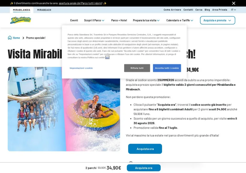 Schermata della pagina offerta di Mirabilandia