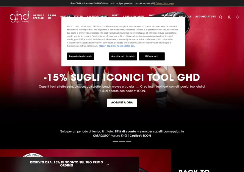 Schermata della pagina offerta di GHD