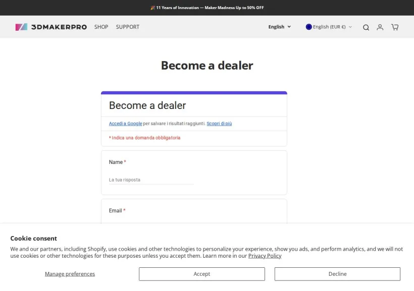 Schermata della pagina offerta di 3DMakerpro