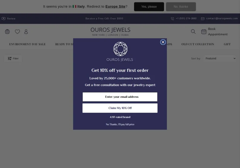 Schermata della pagina offerta di Ouros Jewels