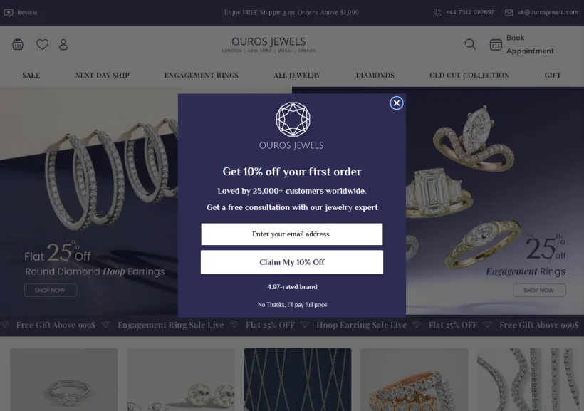Schermata della pagina offerta di Ouros Jewels