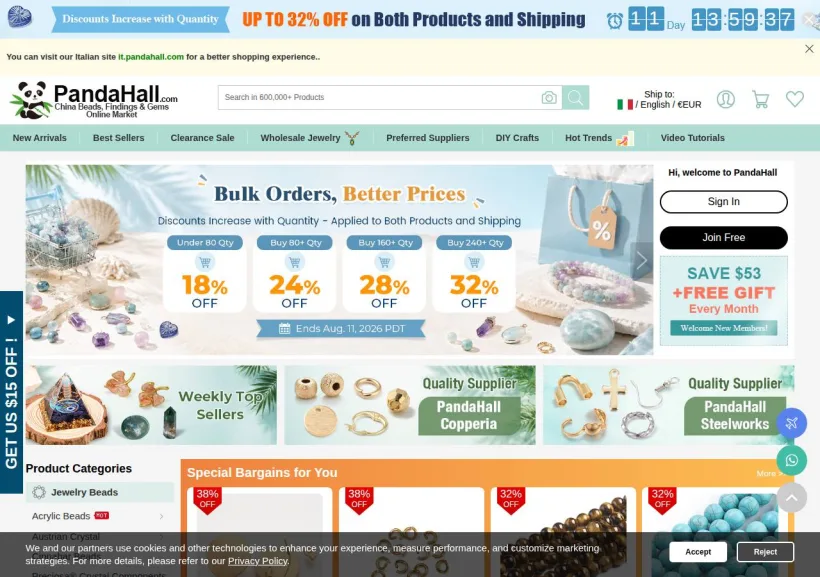 Schermata della pagina offerta di PandaHall
