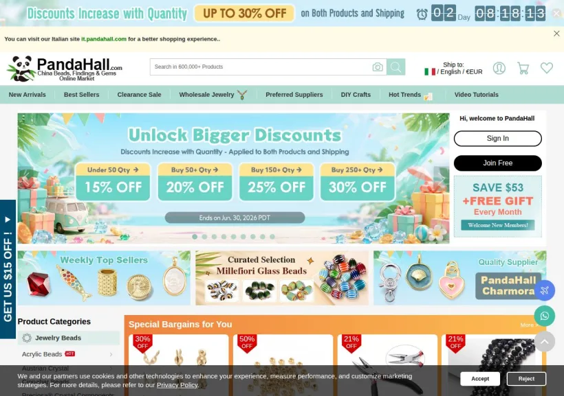Schermata della pagina offerta di PandaHall