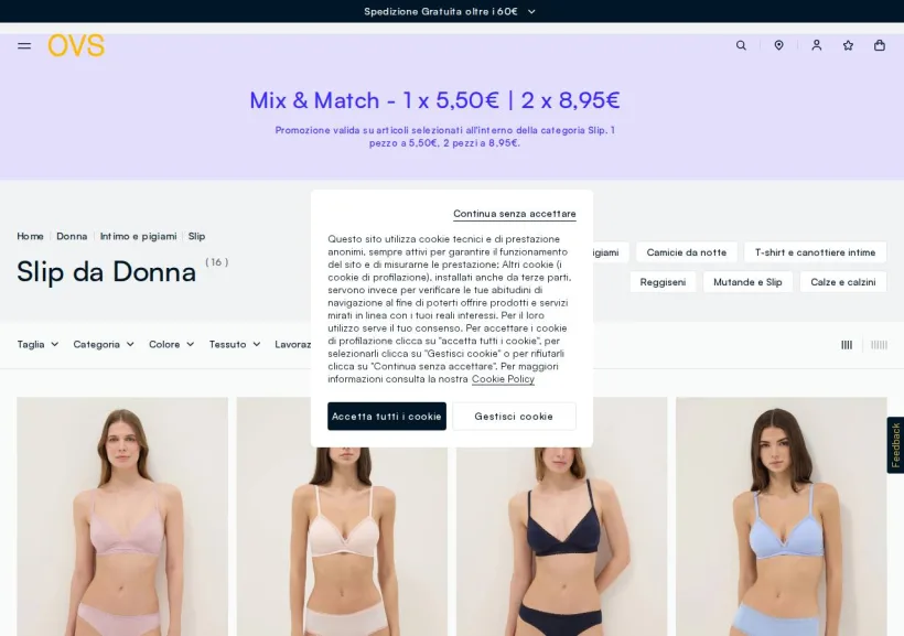 Schermata della pagina offerta di OVS