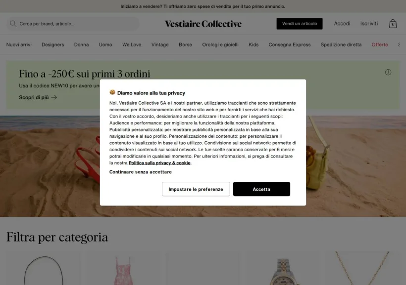 Schermata della pagina offerta di Vestiaire Collective