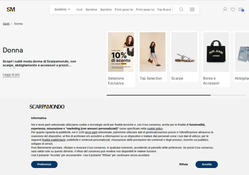 Schermata della pagina offerta di Scarpamondo