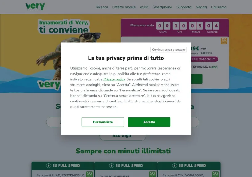 Schermata della pagina offerta di Very mobile