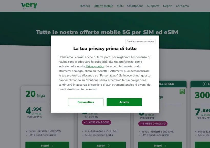 Schermata della pagina offerta di Very mobile
