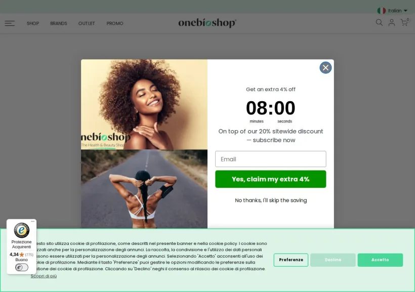 Schermata della pagina offerta di OneBioShopITA