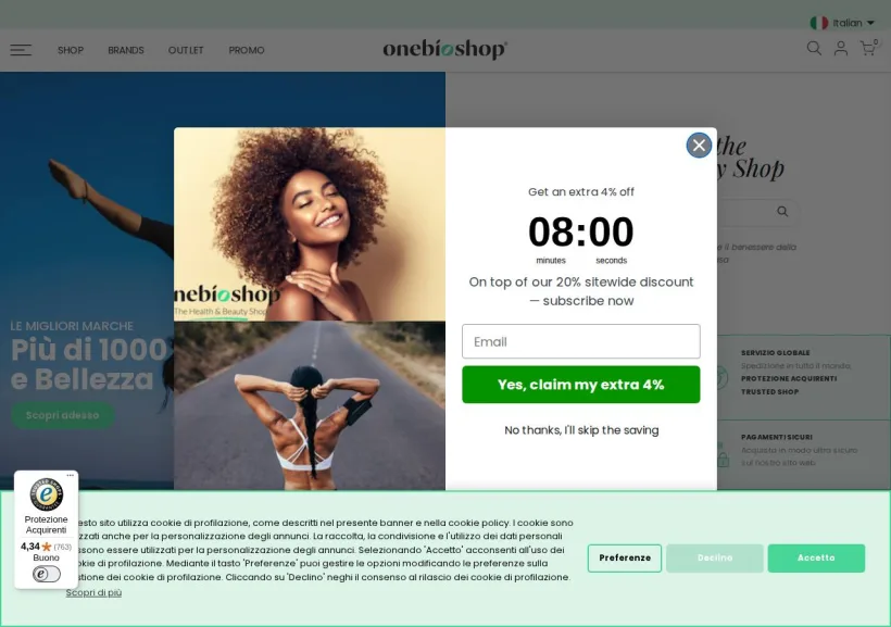 Schermata della pagina offerta di OneBioShopITA