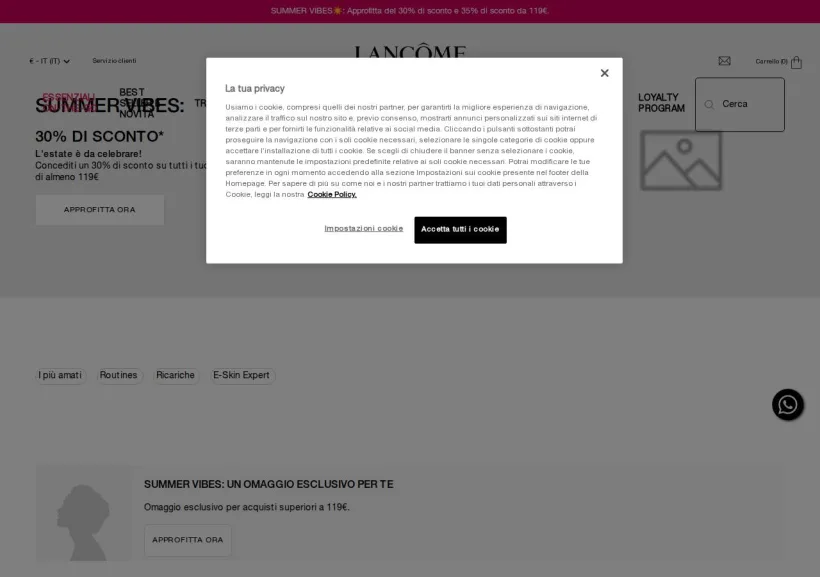 Schermata della pagina offerta di Lancome 
